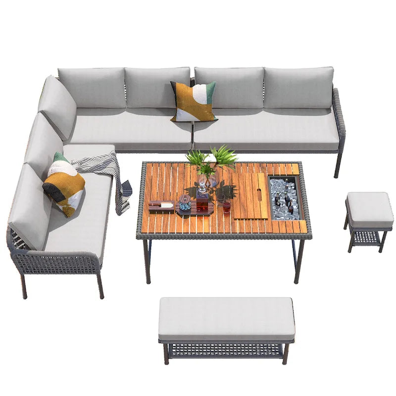Ensemble de canapé d'angle en corde pour terrasse extérieure 6 pièces avec table en bois d'acacia et glacière