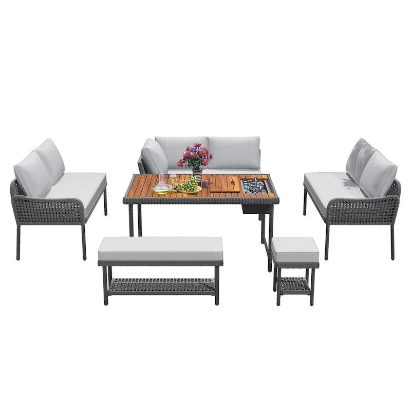 Ensemble de canapé d'angle en corde pour terrasse extérieure 6 pièces avec table en bois d'acacia et glacière