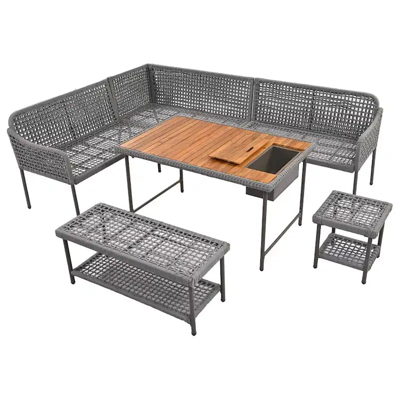 Ensemble de canapé d'angle en corde pour terrasse extérieure 6 pièces avec table en bois d'acacia et glacière