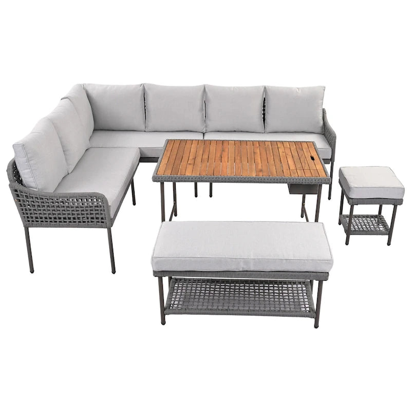 Ensemble de canapé d'angle en corde pour terrasse extérieure 6 pièces avec table en bois d'acacia et glacière