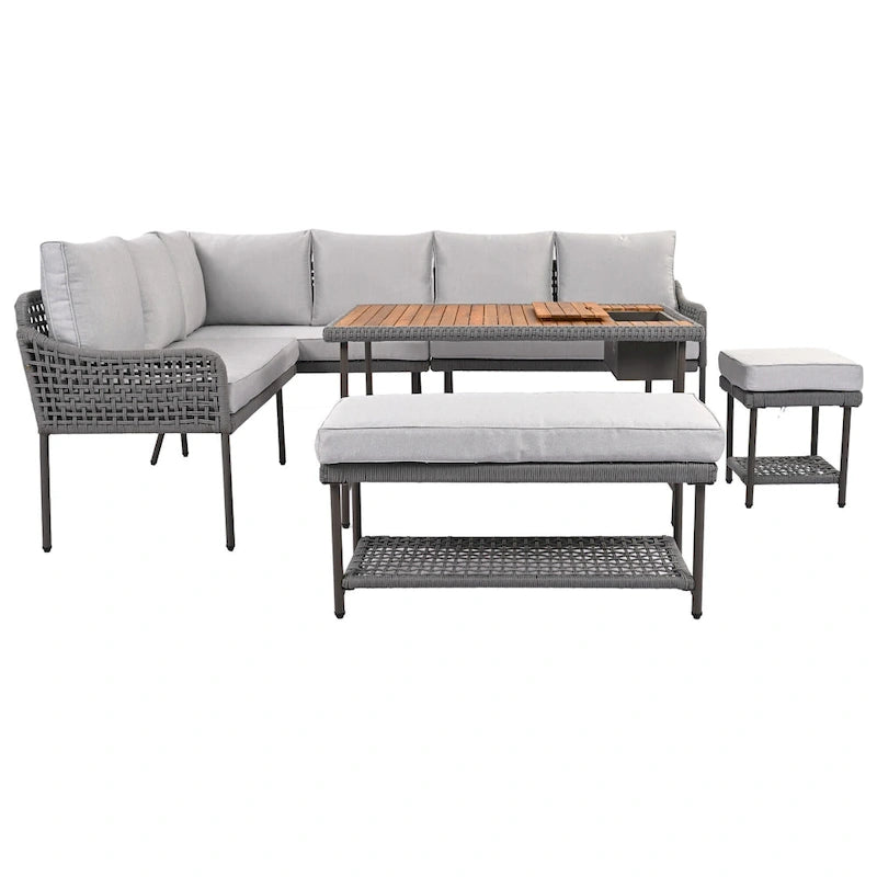 Ensemble de canapé d'angle en corde pour terrasse extérieure 6 pièces avec table en bois d'acacia et glacière