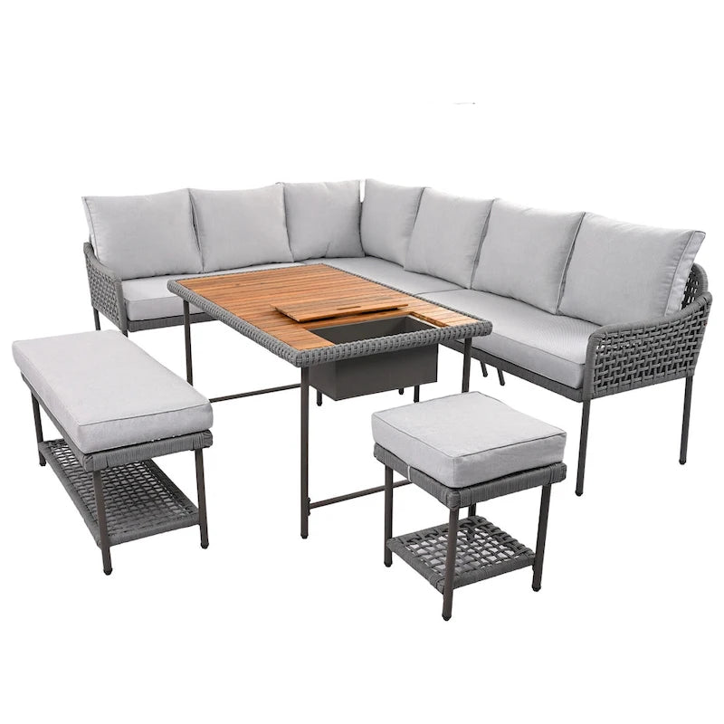 Ensemble de canapé d'angle en corde pour terrasse extérieure 6 pièces avec table en bois d'acacia et glacière