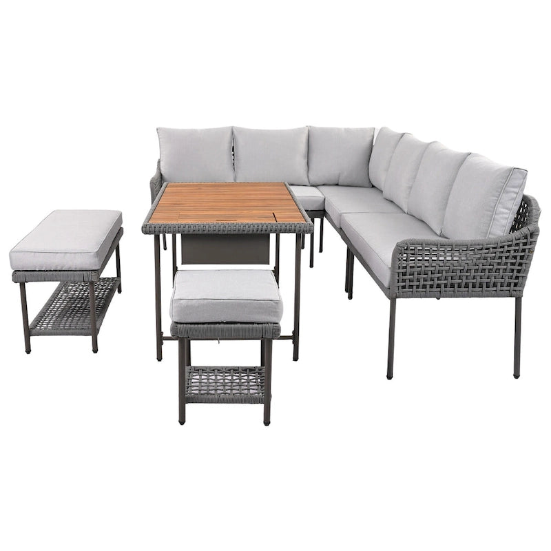 Ensemble de canapé d'angle en corde pour terrasse extérieure 6 pièces avec table en bois d'acacia et glacière