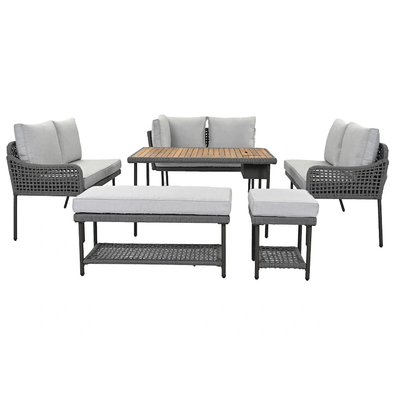 Ensemble de canapé d'angle en corde pour terrasse extérieure 6 pièces avec table en bois d'acacia et glacière