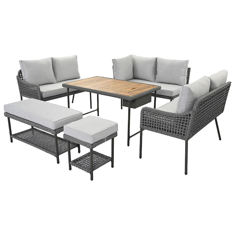 Ensemble de canapé d'angle en corde pour terrasse extérieure 6 pièces avec table en bois d'acacia et glacière