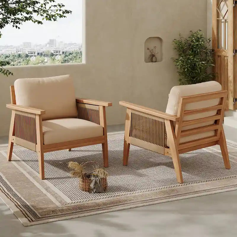 Outdoor Acacia Wood and Rope Patio Chair with Cushions (Set of 2)