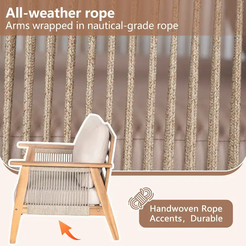 Chaise de terrasse en bois d'acacia et corde avec coussins (Lot de 2)