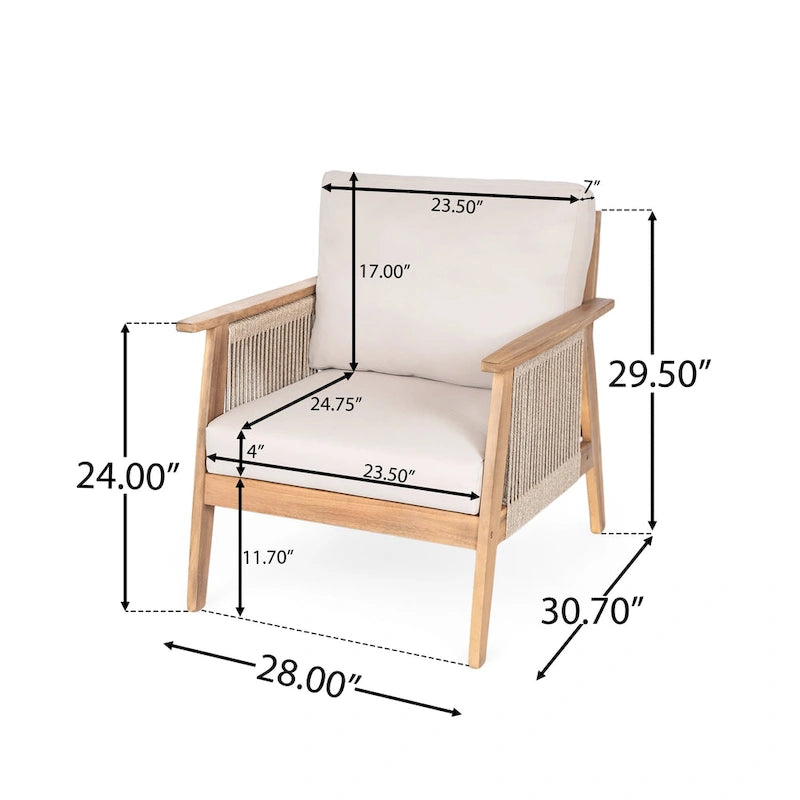 Chaise de terrasse en bois d'acacia et corde avec coussins (Lot de 2)