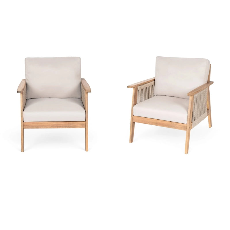 Chaise de terrasse en bois d'acacia et corde avec coussins (Lot de 2)