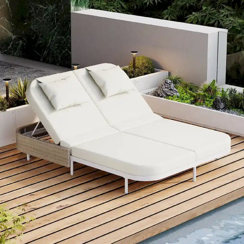 Patio Rattan Daybed with 5-Position Adjustable Backrest and Removable Cushions&Pillows
