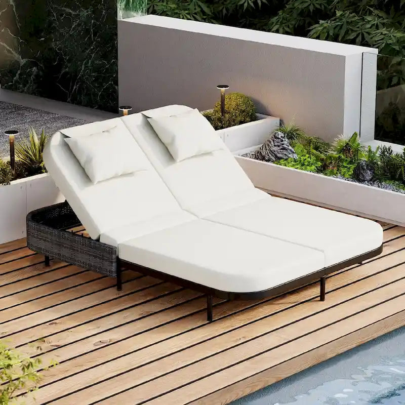 Lit de repos en rotin pour patio avec dossier réglable sur 5 positions et coussins amovibles