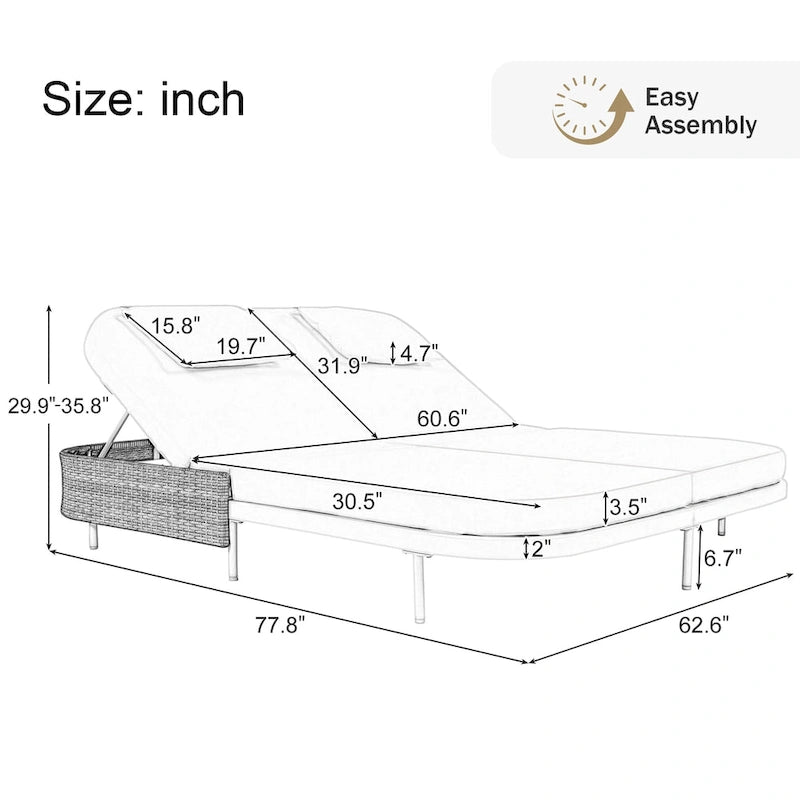 Lit de repos en rotin pour patio avec dossier réglable sur 5 positions et coussins amovibles