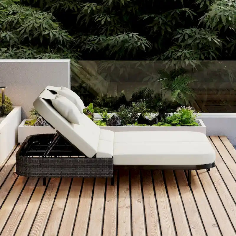 Lit de repos en rotin pour patio avec dossier réglable sur 5 positions et coussins amovibles