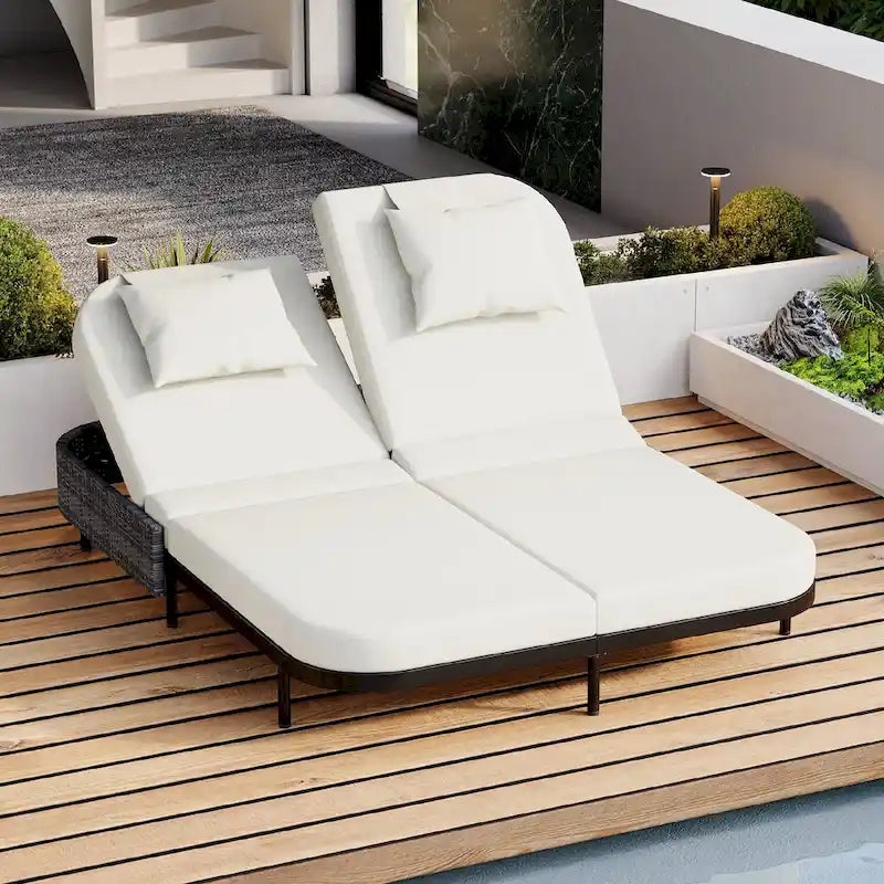 Lit de repos en rotin pour patio avec dossier réglable sur 5 positions et coussins amovibles