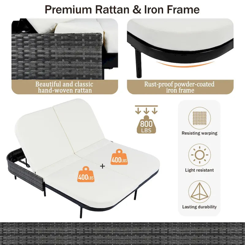 Lit de repos en rotin pour patio avec dossier réglable sur 5 positions et coussins amovibles