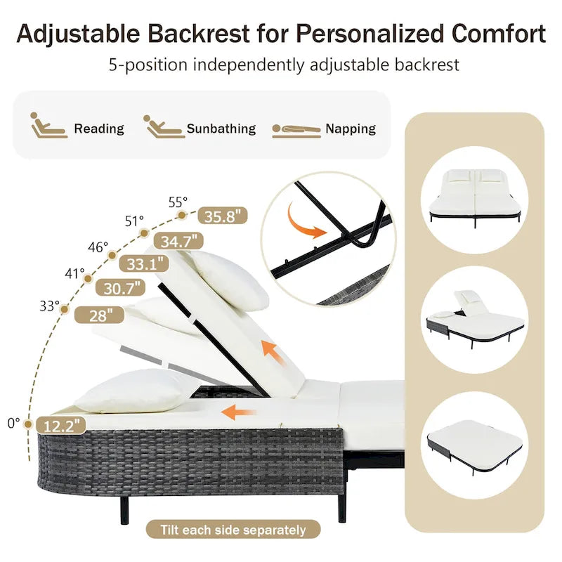 Lit de repos en rotin pour patio avec dossier réglable sur 5 positions et coussins amovibles