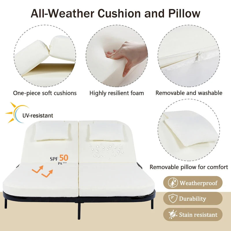 Lit de repos en rotin pour patio avec dossier réglable sur 5 positions et coussins amovibles