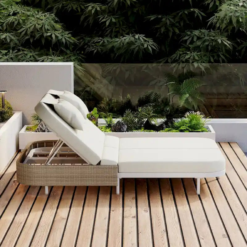 Lit de repos en rotin pour patio avec dossier réglable sur 5 positions et coussins amovibles