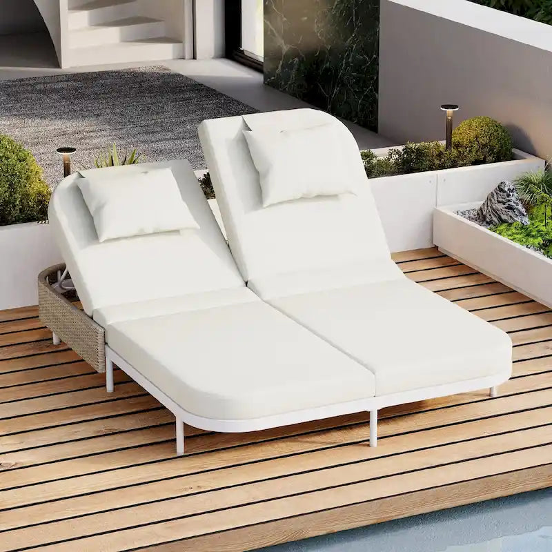 Lit de repos en rotin pour patio avec dossier réglable sur 5 positions et coussins amovibles