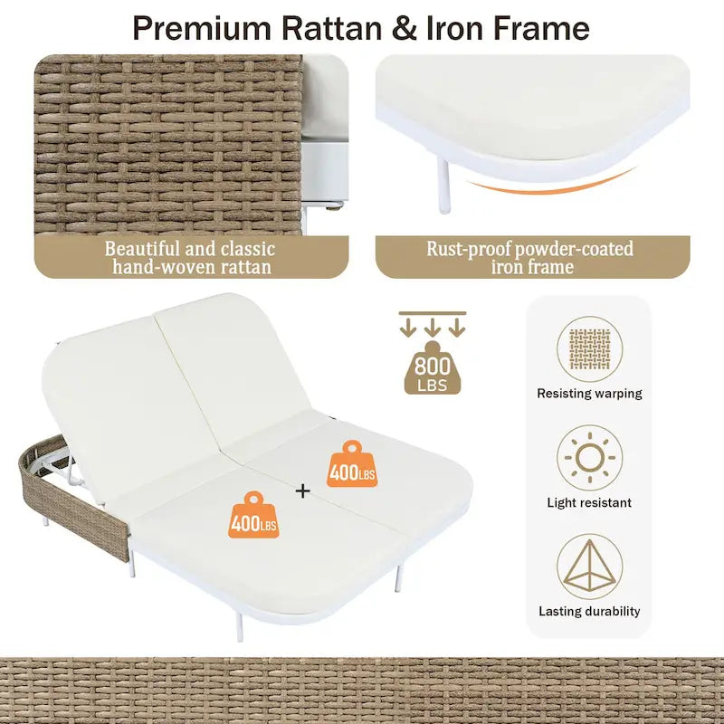 Lit de repos en rotin pour patio avec dossier réglable sur 5 positions et coussins amovibles