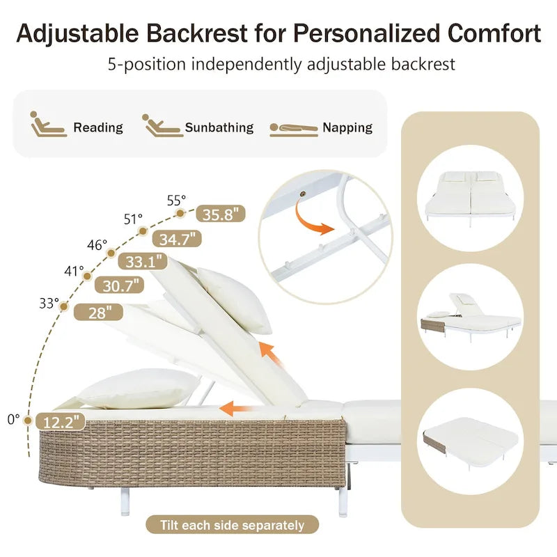 Lit de repos en rotin pour patio avec dossier réglable sur 5 positions et coussins amovibles