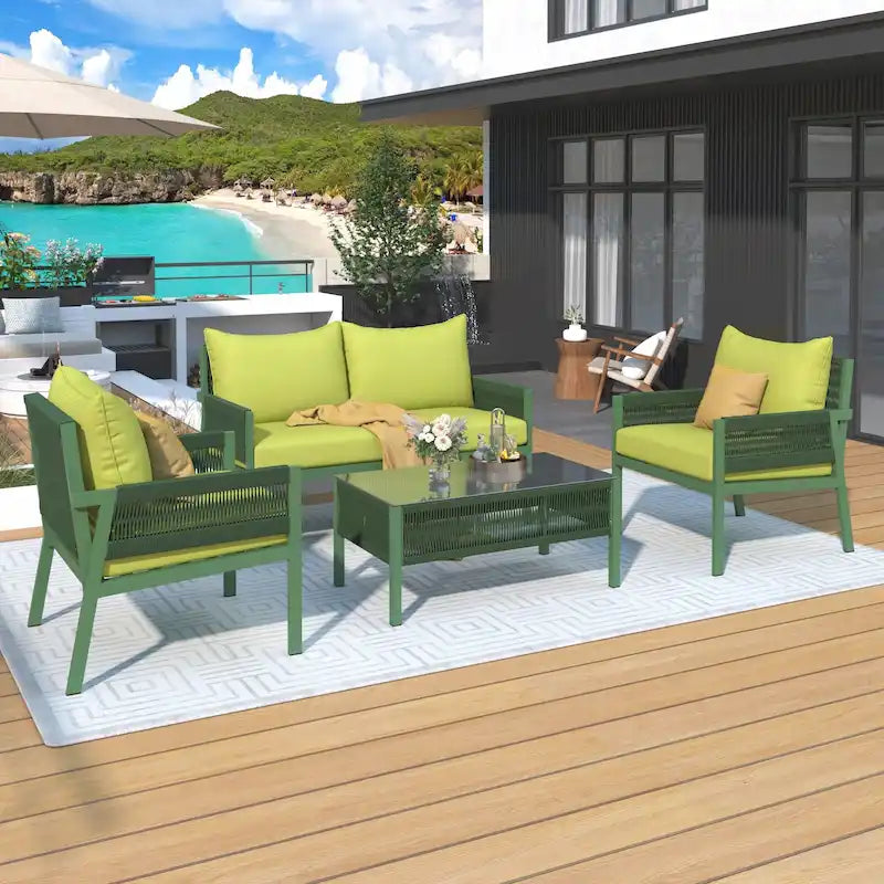 Ensemble de canapés de patio 4 pièces en corde avec coussins épais