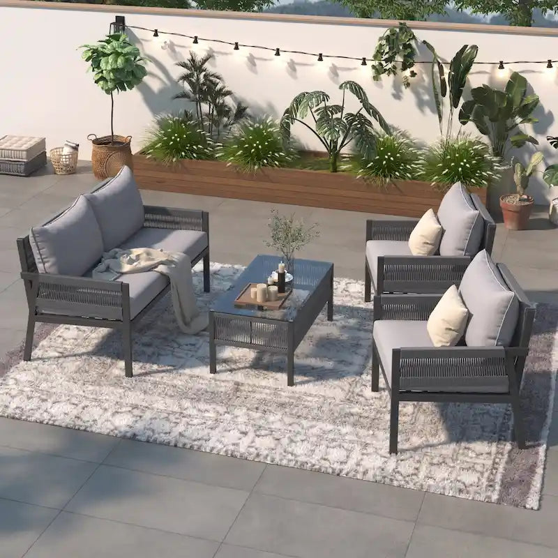 Ensemble de canapés de patio 4 pièces en corde avec coussins épais