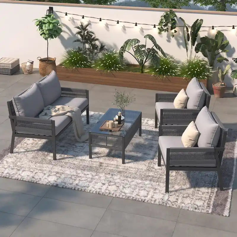 Ensemble de canapés de patio 4 pièces en corde avec coussins épais
