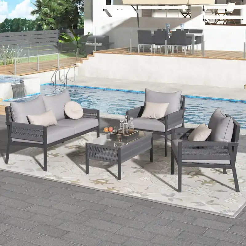 Ensemble de canapés de patio 4 pièces en corde avec coussins épais