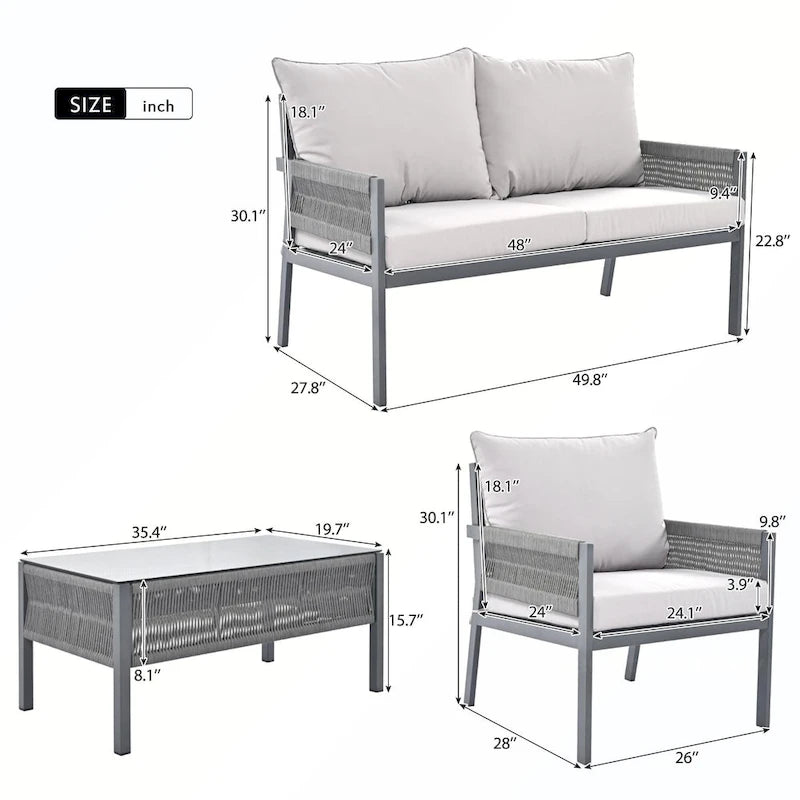Ensemble de canapés de patio 4 pièces en corde avec coussins épais