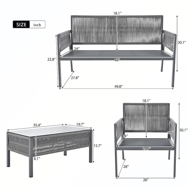 Ensemble de canapés de patio 4 pièces en corde avec coussins épais
