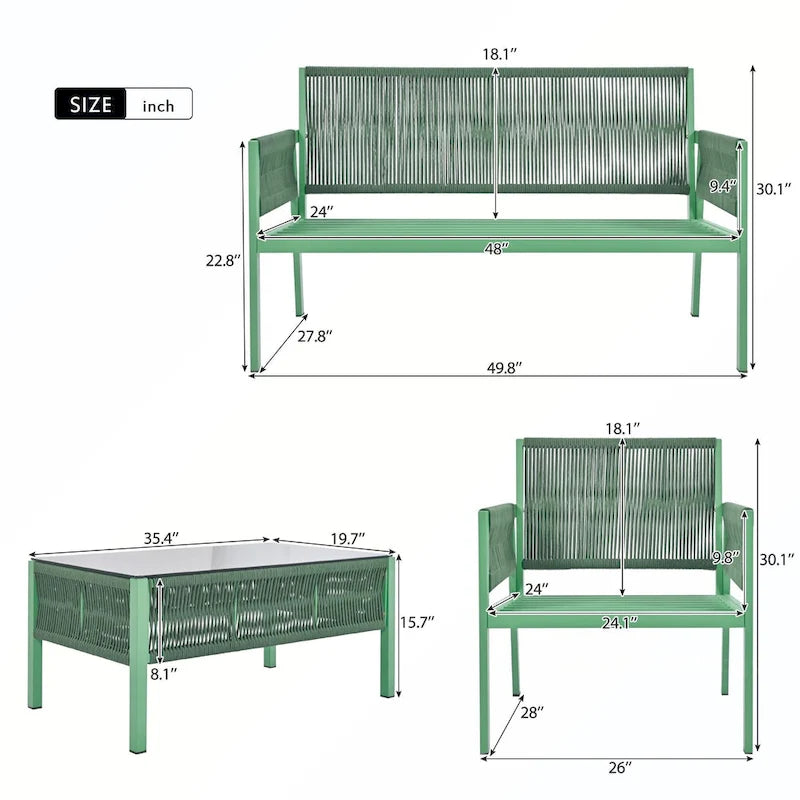 Ensemble de canapés de patio 4 pièces en corde avec coussins épais