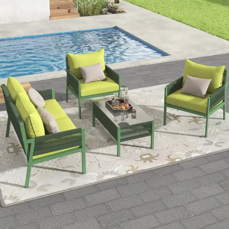Ensemble de canapés de patio 4 pièces en corde avec coussins épais