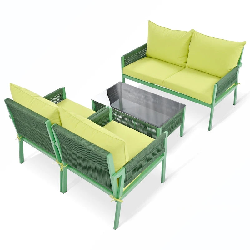 Ensemble de canapés de patio 4 pièces en corde avec coussins épais