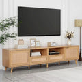 Meuble TV en rotin Roomfitters pour téléviseur de 85 pouces, meuble média style ferme, pieds en bois massif, bois