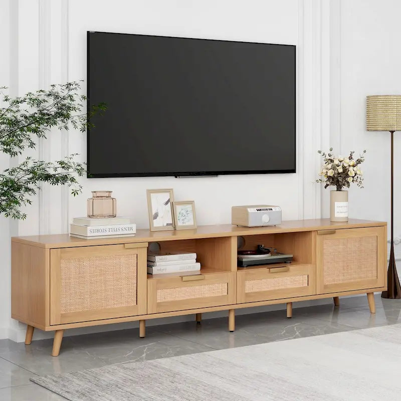 Meuble TV en rotin Roomfitters pour téléviseur de 85 pouces, meuble média style ferme, pieds en bois massif, bois