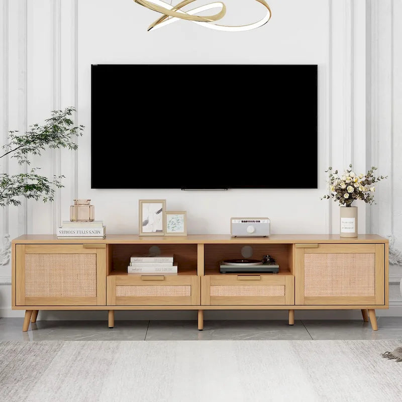 Meuble TV en rotin Roomfitters pour téléviseur de 85 pouces, meuble média style ferme, pieds en bois massif, bois