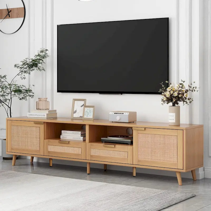 Meuble TV en rotin Roomfitters pour téléviseur de 85 pouces, meuble média style ferme, pieds en bois massif, bois