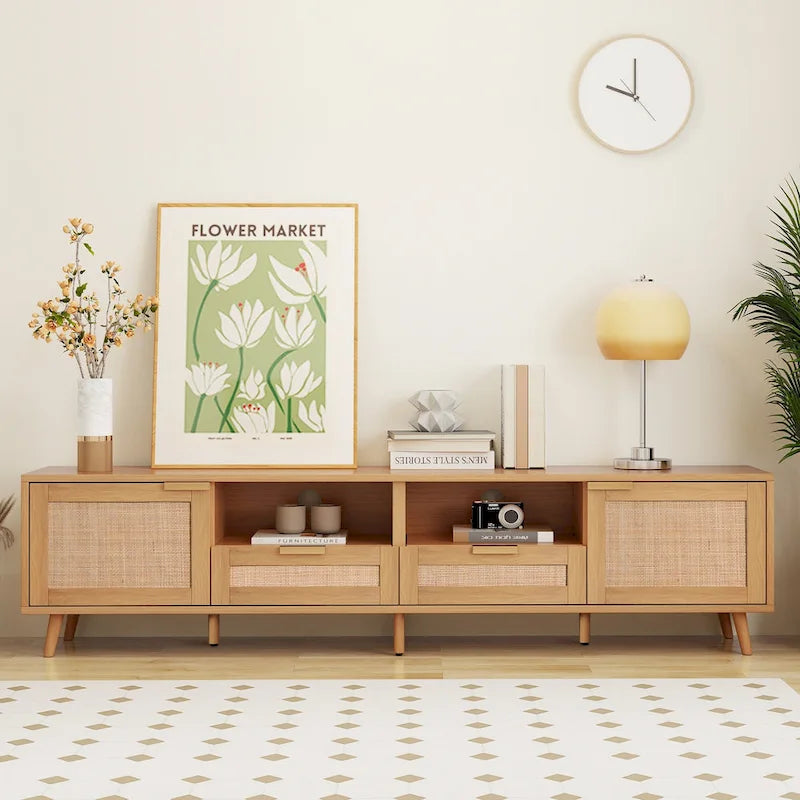 Meuble TV en rotin Roomfitters pour téléviseur de 85 pouces, meuble média style ferme, pieds en bois massif, bois