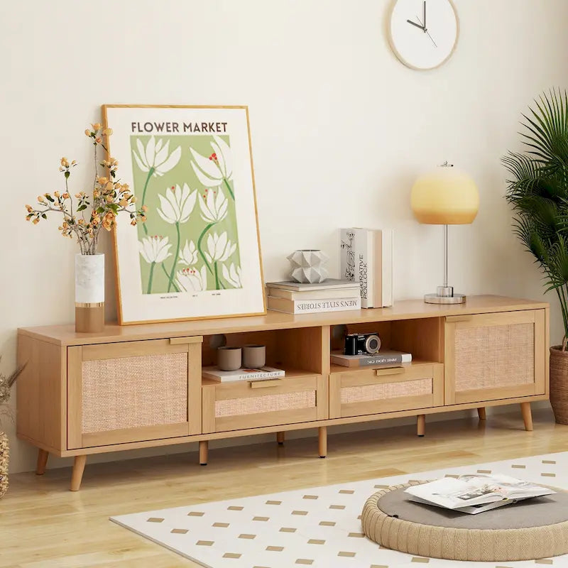 Meuble TV en rotin Roomfitters pour téléviseur de 85 pouces, meuble média style ferme, pieds en bois massif, bois