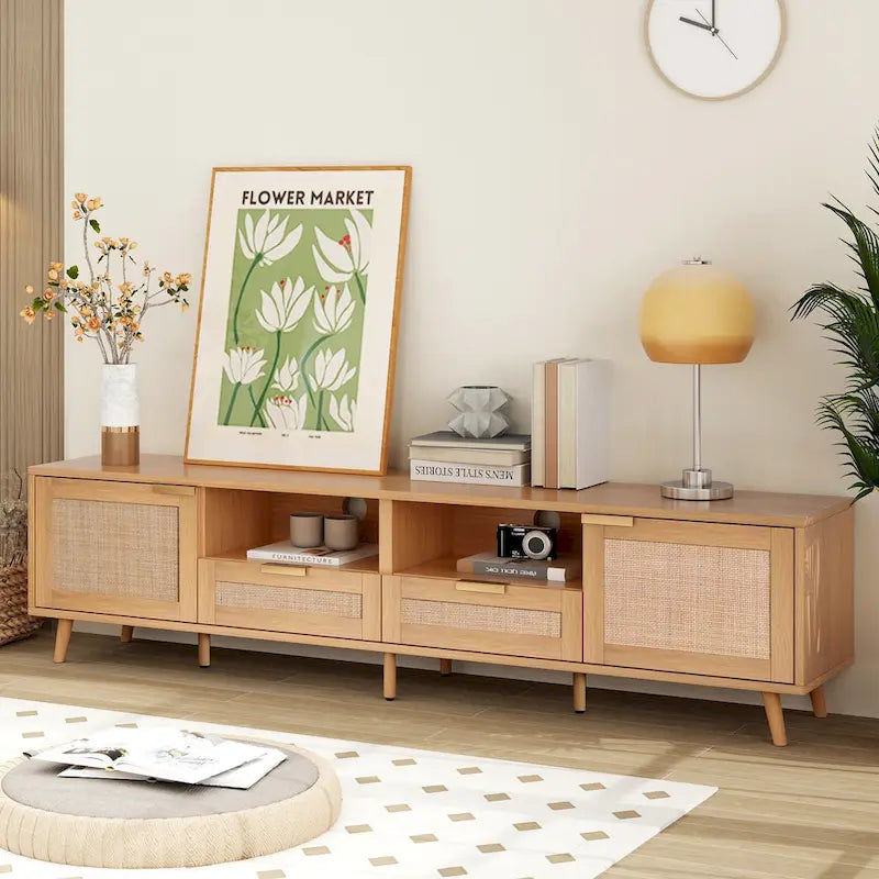 Meuble TV en rotin Roomfitters pour téléviseur de 85 pouces, meuble média style ferme, pieds en bois massif, bois