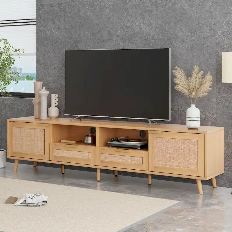 Meuble TV en rotin Roomfitters pour téléviseur de 85 pouces, meuble média style ferme, pieds en bois massif, bois