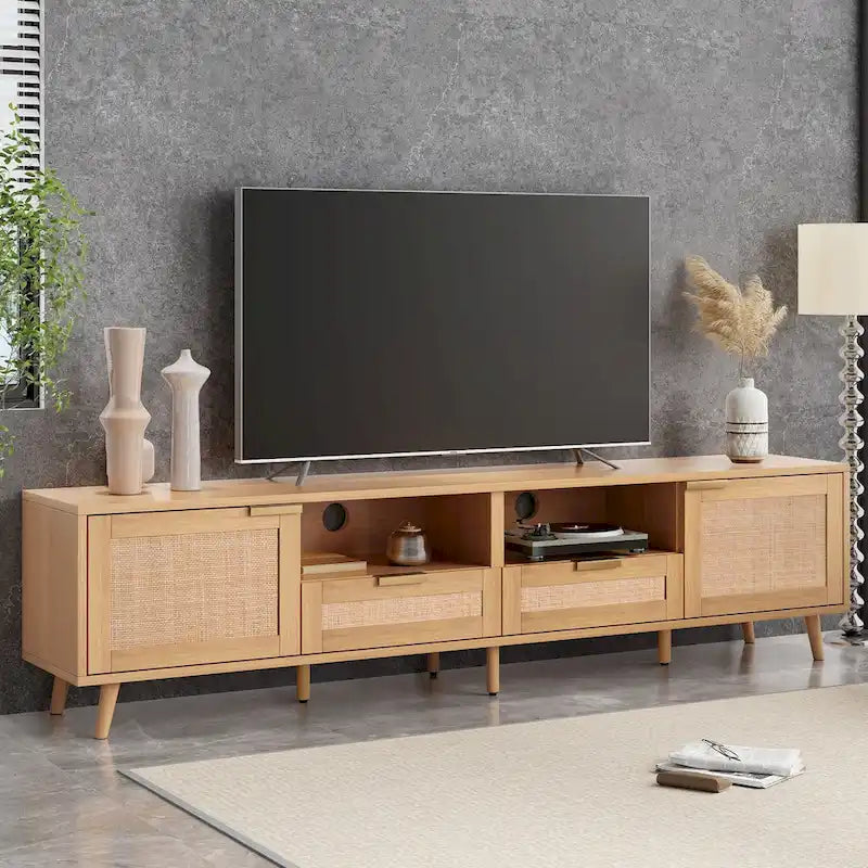 Meuble TV en rotin Roomfitters pour téléviseur de 85 pouces, meuble média style ferme, pieds en bois massif, bois