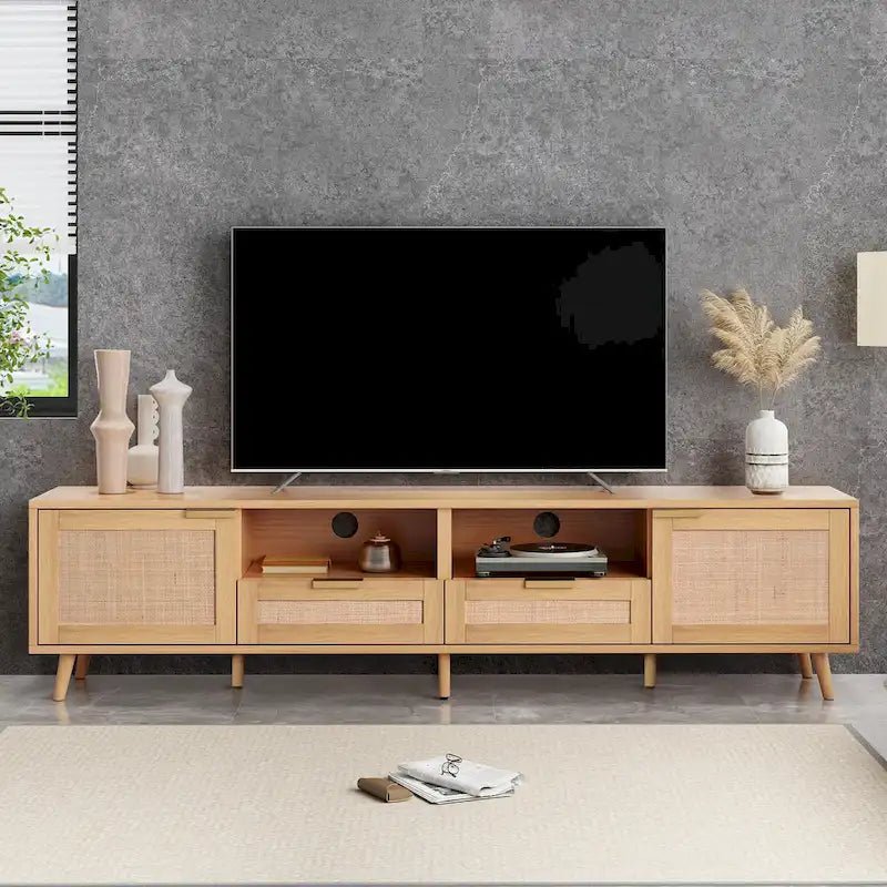 Meuble TV en rotin Roomfitters pour téléviseur de 85 pouces, meuble média style ferme, pieds en bois massif, bois