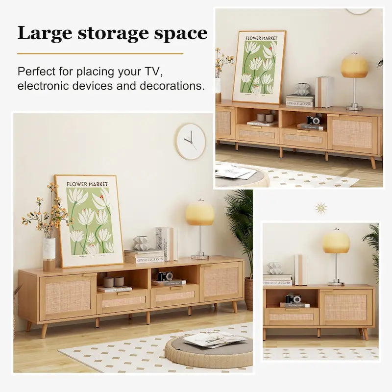 Meuble TV en rotin Roomfitters pour téléviseur de 85 pouces, meuble média style ferme, pieds en bois massif, bois