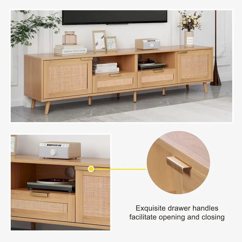 Meuble TV en rotin Roomfitters pour téléviseur de 85 pouces, meuble média style ferme, pieds en bois massif, bois