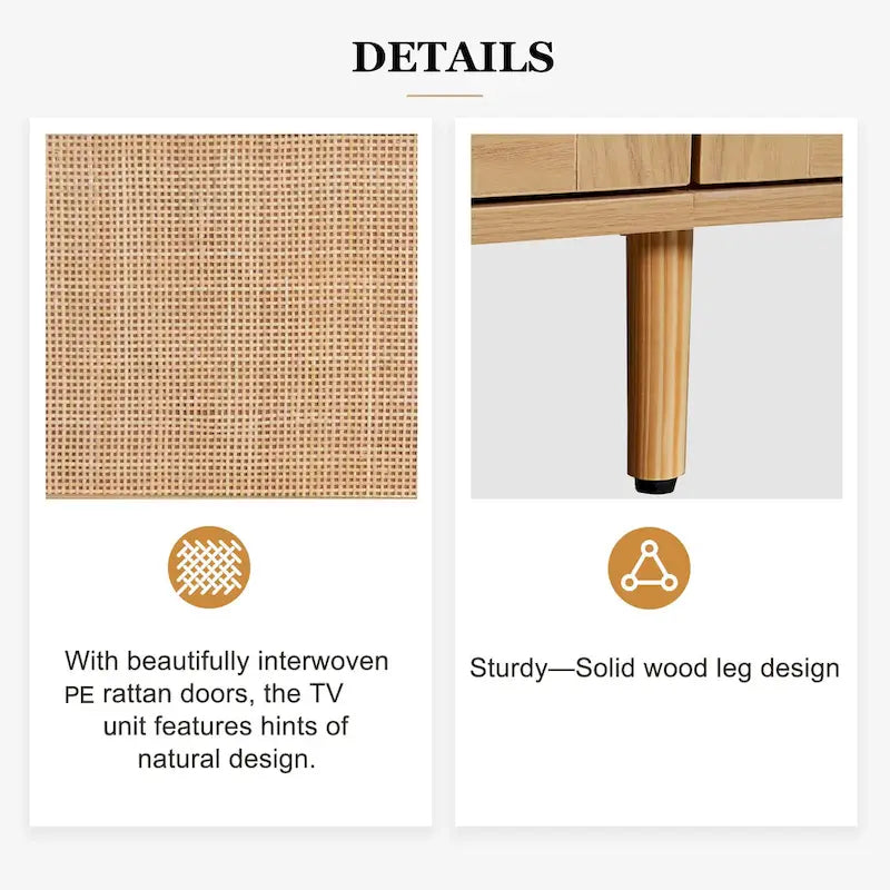 Meuble TV en rotin Roomfitters pour téléviseur de 85 pouces, meuble média style ferme, pieds en bois massif, bois