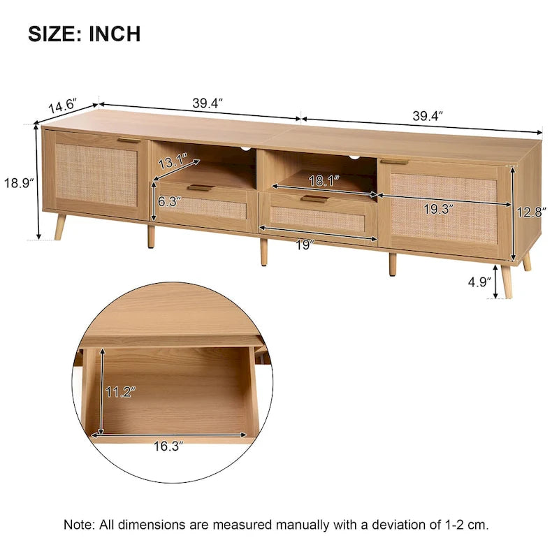 Meuble TV en rotin Roomfitters pour téléviseur de 85 pouces, meuble média style ferme, pieds en bois massif, bois