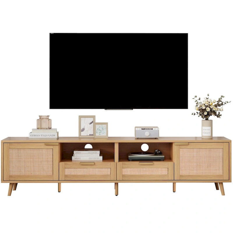 Meuble TV en rotin Roomfitters pour téléviseur de 85 pouces, meuble média style ferme, pieds en bois massif, bois