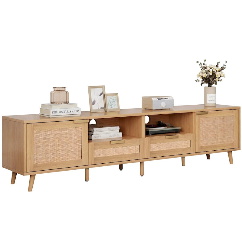 Meuble TV en rotin Roomfitters pour téléviseur de 85 pouces, meuble média style ferme, pieds en bois massif, bois